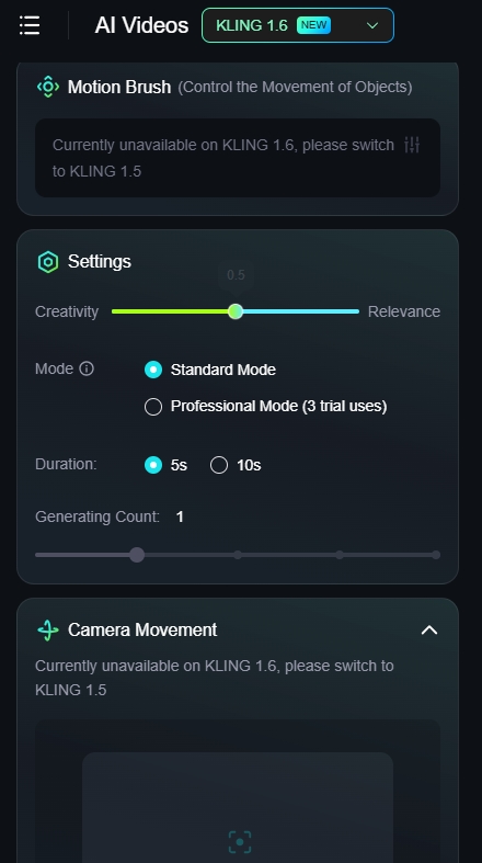 Kling AI - Image to Video - Motion Brush and other settings.