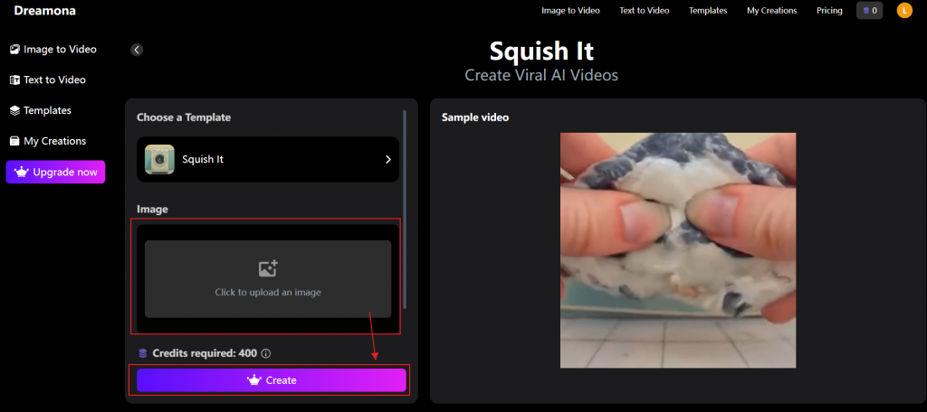 steps to create AI Squish video on Dreamona