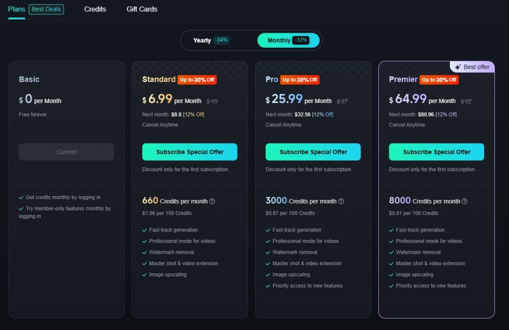 pricing plans of Kling AI