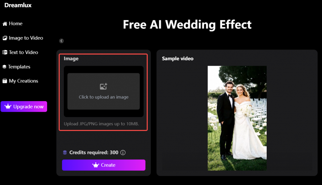 upload the image to generate ai wedding video