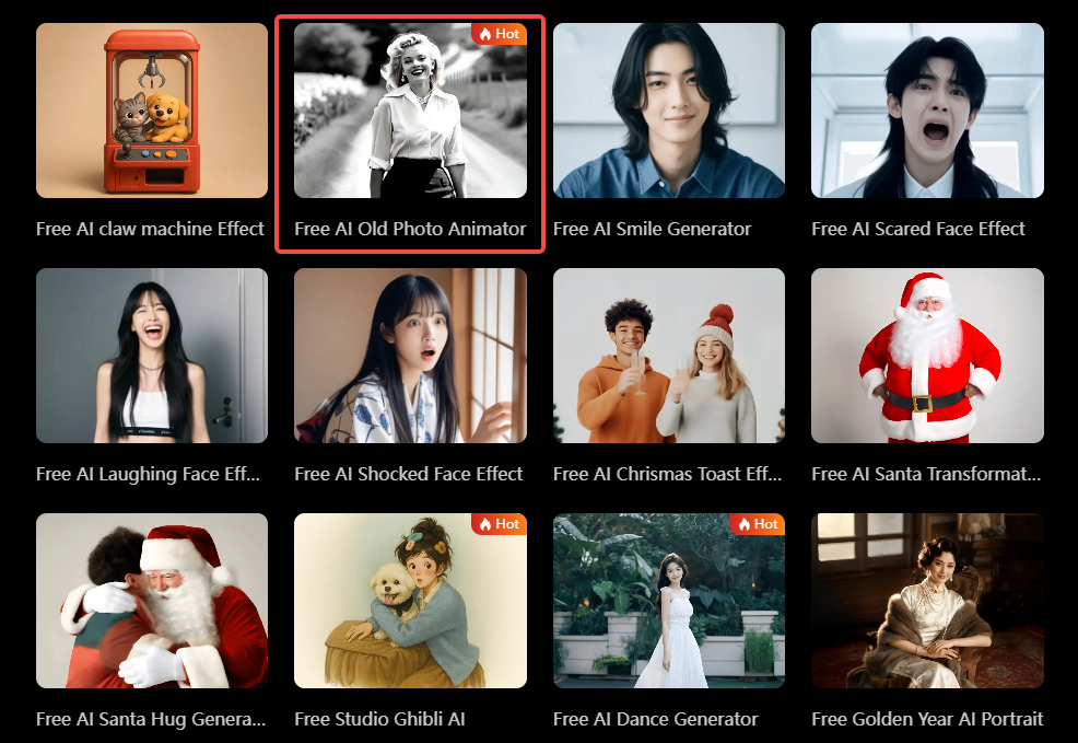 select ai old photo animator from Dreamlux ai video generator templates.