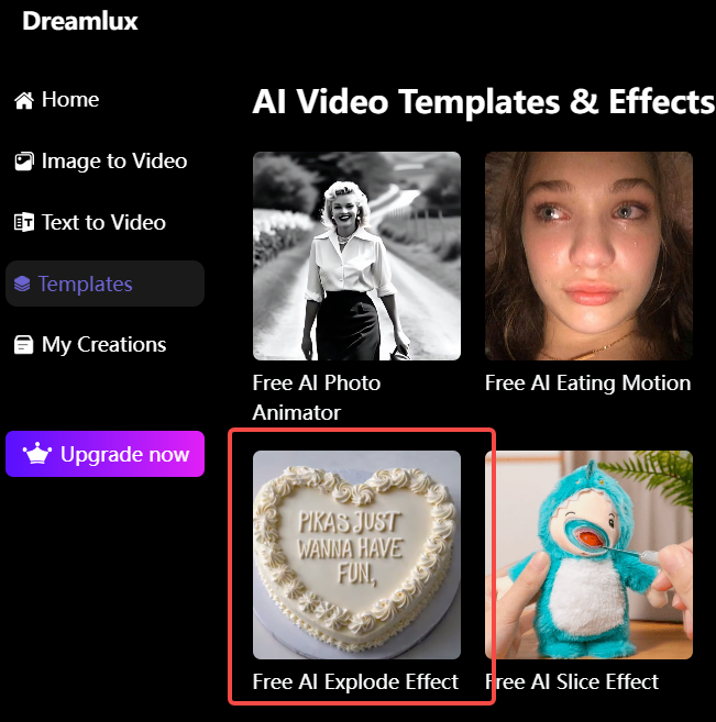 Dreamlux ai video templates and effects page