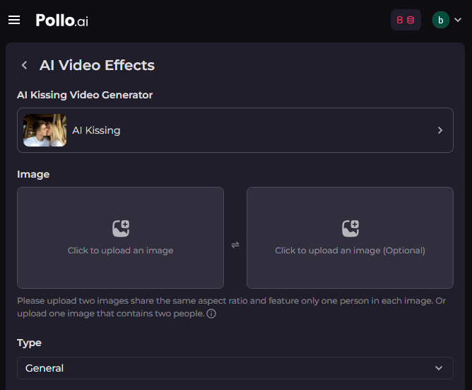 Pollo ai kissing video generator