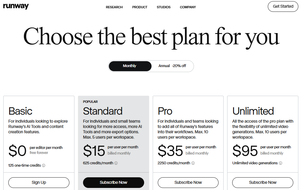 Runway AI pricing