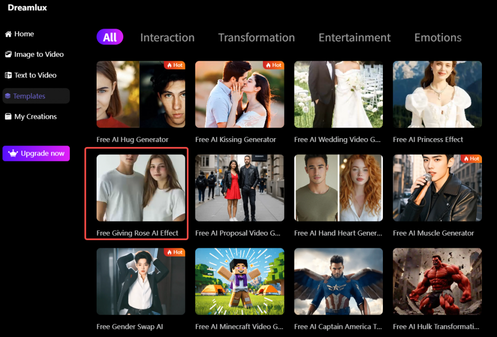 select giving rose ai effect from Dreamlux templates
